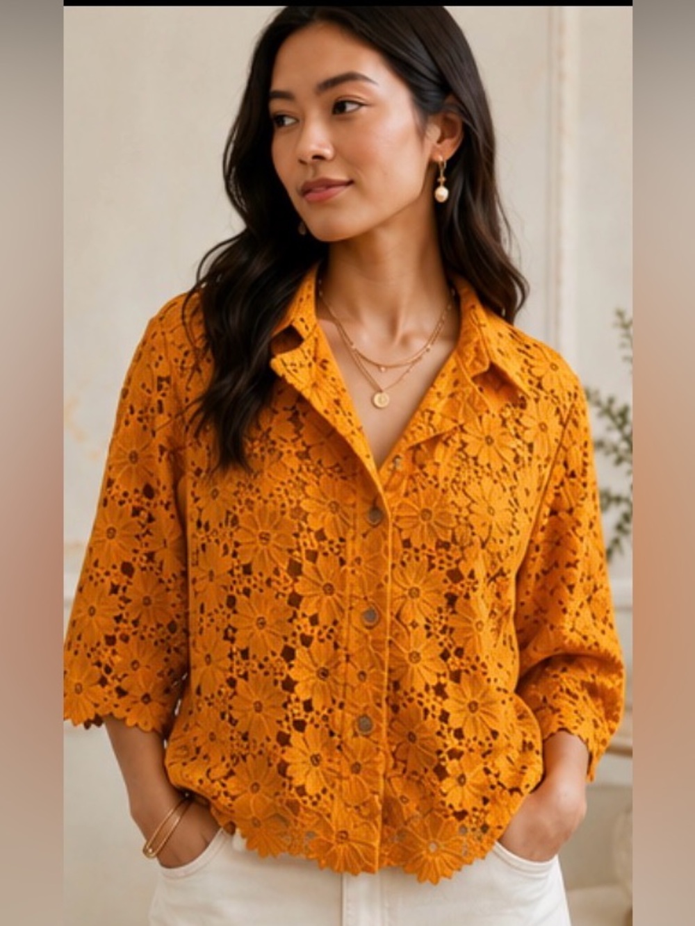 Anthropologie new Maeve Mango Orange
Floral Lace ButtonDown Blouse L boho resort